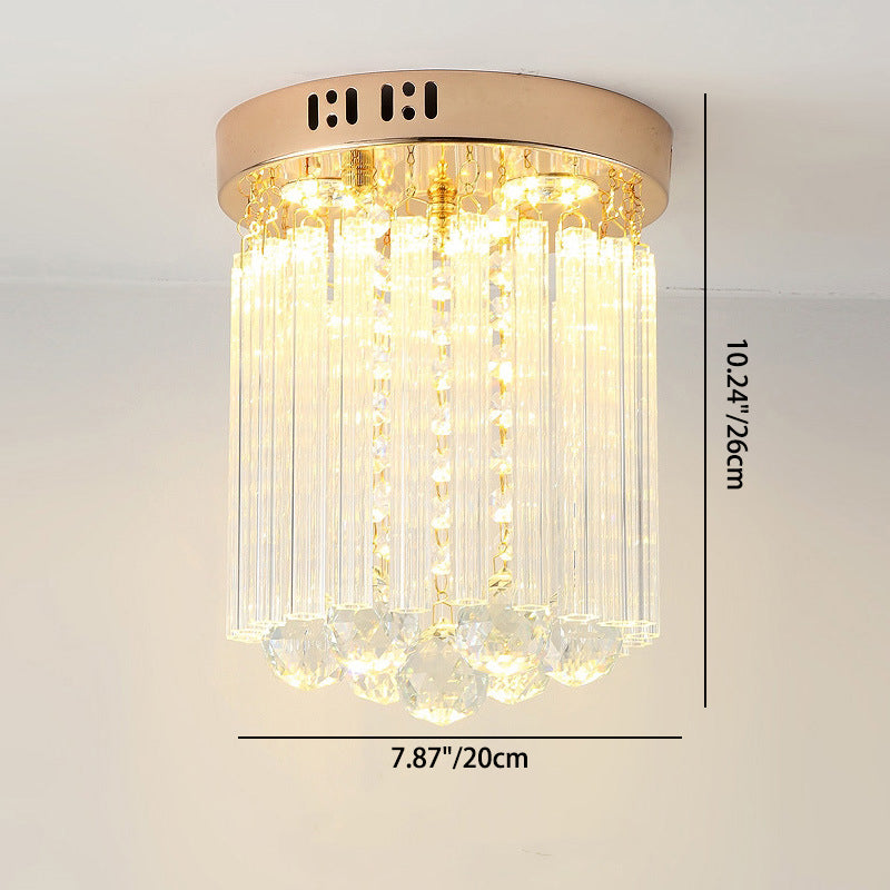 Modern Luxury Round Cylinder Crystal Hardware Base 1-Light Flush Mount Ceiling Light For Hallway