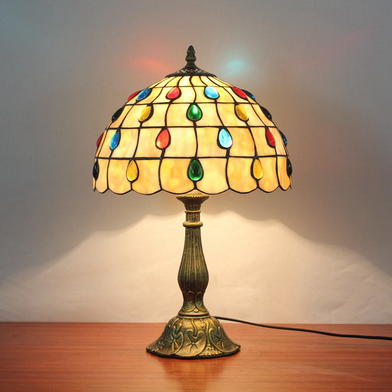 Traditional Tiffany Round Dome Lattice Aluminum Stained Glass 1-Light Table Lamp For Bedroom