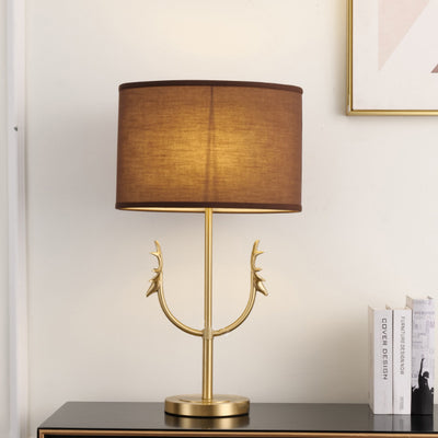 Contemporary Retro Fabric Brass Cylinder Deer 1-Light Table Lamp For Bedside