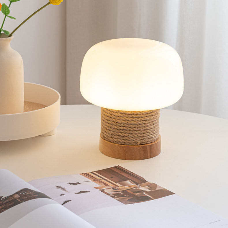 Modern Minimalist Cylinder Mushroom Shape Oak Twine Glass 1-Light Table Lamp For Bedroom