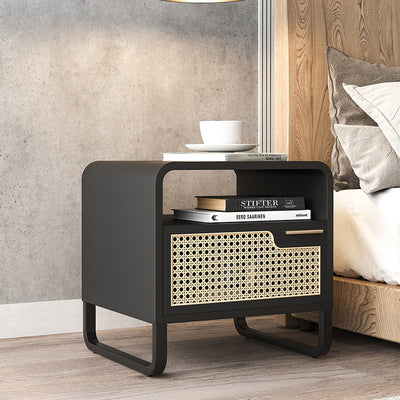 Modern Minimalist Rectangular Solid Wood Rattan Nightstand 1-Drawer For Bedroom