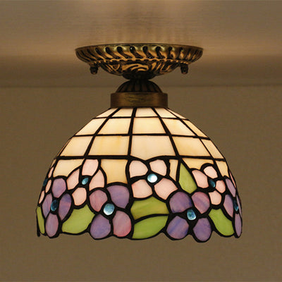 Traditional Tiffany Pastoral Purple Flower Stained Glass Bowl-shaped 1-Light Semi-Flush Mount Ceiling Light For Living Room