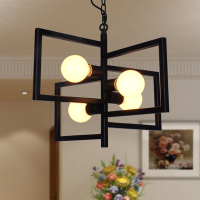 Modern Minimalist Square Frame Iron 4-Light Chandelier For Living Room