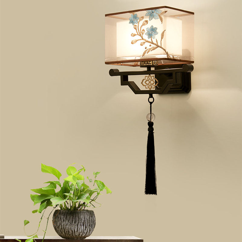 Traditional Chinese Rectangular Tasseled Iron Fabric 1-Light Wall Sconce Lamp For Bedroom