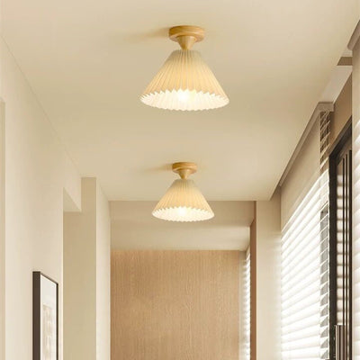 Traditional Japanese Log Pleated Taper Fabric 1-Light Semi-Flush Mount Ceiling Light For Living Room