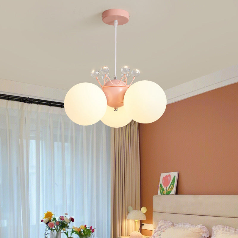 Contemporary Creative Cream Hardware Crystal Decor PE Round Shade 3-Light Kids Chandelier For Living Room