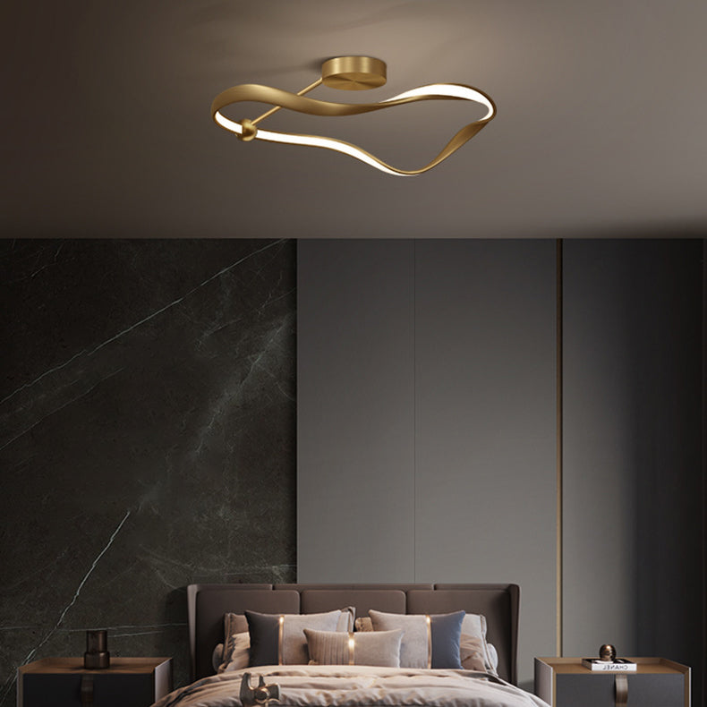 Modern Minimalist Wave Round Full Copper Acrylic LED Semi-Flush Mount Ceiling Light For Bedroom