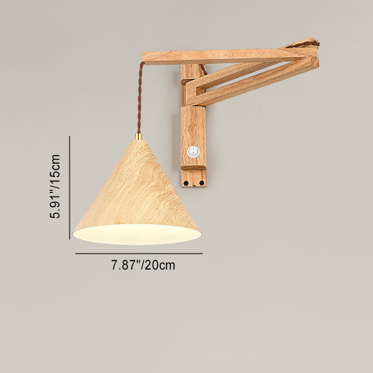 Modern Minimalist Cone Retractable Long Iron Water Turned Wood Grain Wood Wall Sconce Lamp For Bedroom