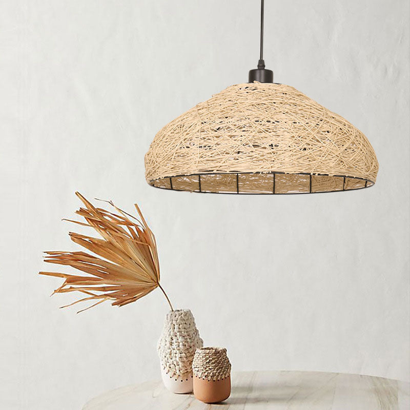 Traditional Chinese Rattan Weaving Round Shade 1-Light Pendant Light For Dining Room