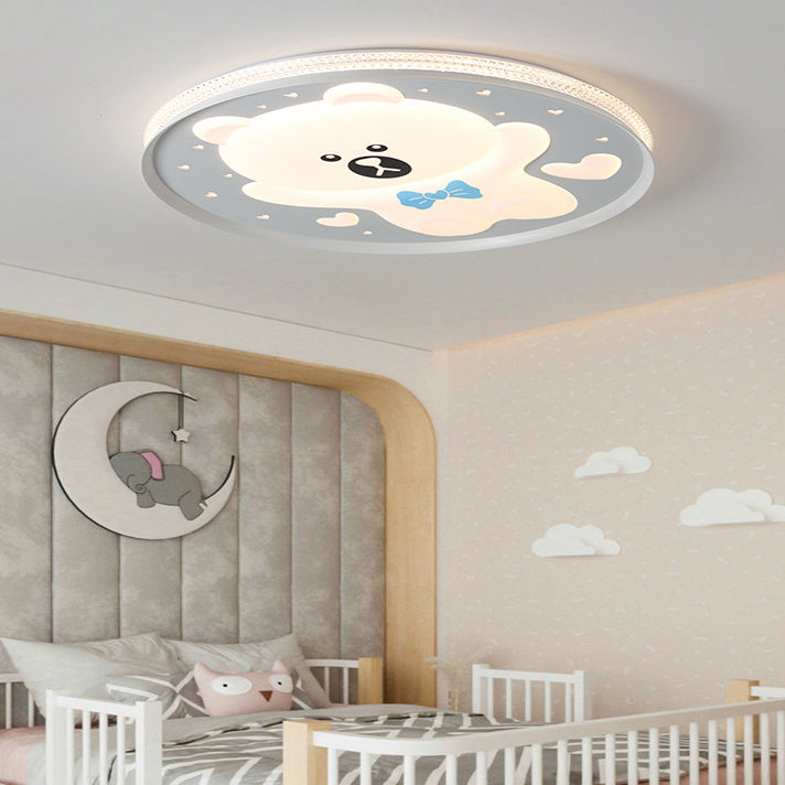 Contemporary Creative Kids Round Bear Iron Acrylic LED Flush Mount Ceiling Light For Bedroom