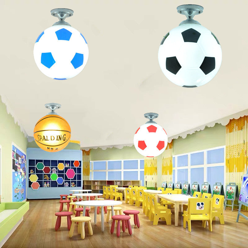 Contemporary Creative Football Glass Shade 1-Light Semi-Flush Mount Ceiling Light For Bedroom