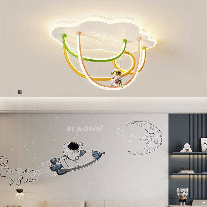 Contemporary Creative Cartoon Astronaut Cloud Iron Aluminum Rainbow Curve LED Kids Flush Mount Ceiling Light For Bedroom