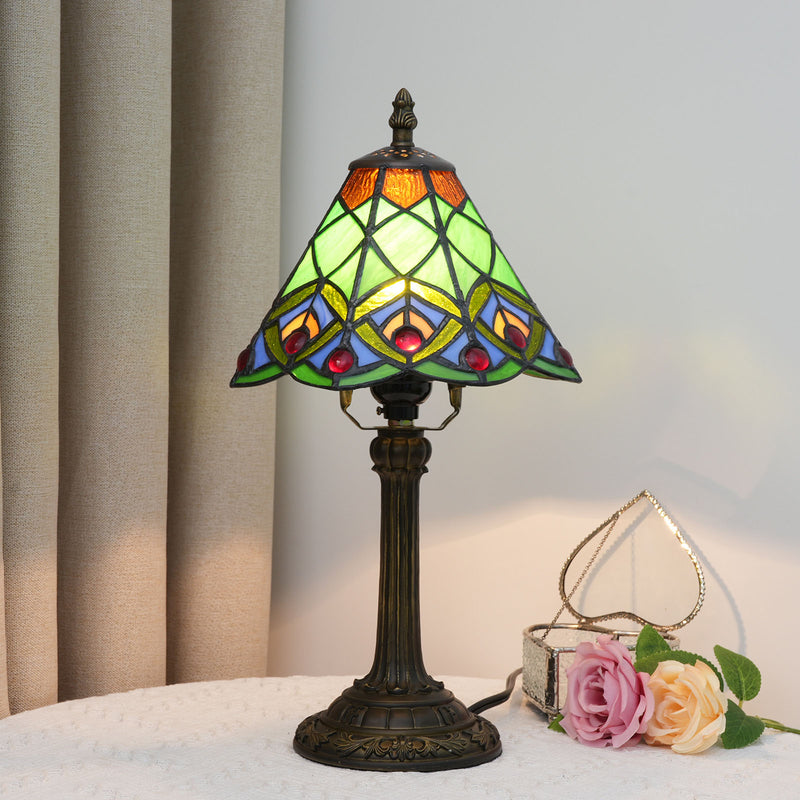 Traditional Tiffany Resin Glass Conic Bead 1-Light Table Lamp For Bedside