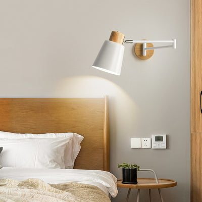 Modern Minimalist Swing Arm Retractable Cylinder Round Iron Solid Wood Glass 1-Light Wall Sconce Lamp For Bedroom