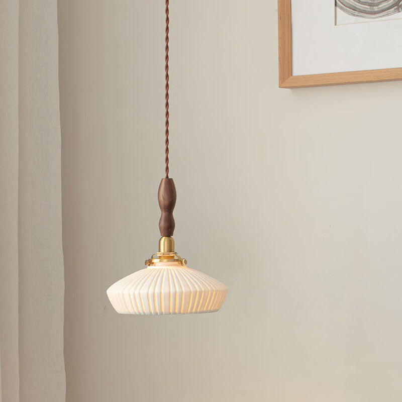 Traditional Japanese Walnut Brass Ceramic Round Bowl 1-Light Pendant Light For Dining Room