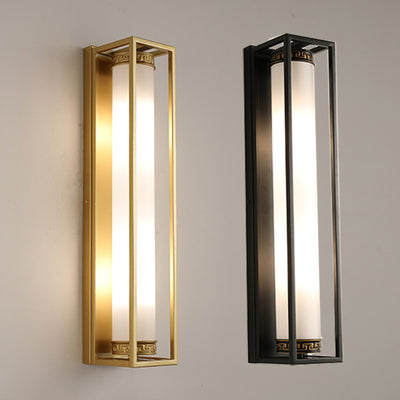 Traditional Chinese Iron Glass Rectangular Cylinder 2-Light Wall Sconce Lamp For Living Room