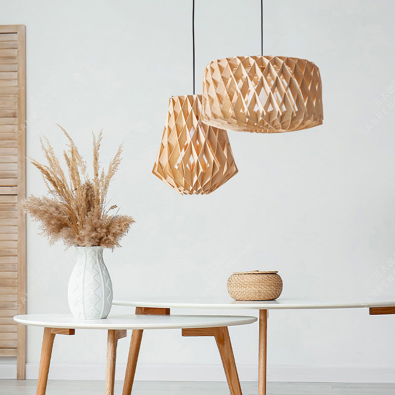 Modern Minimalist Round Diamond Solid Wood Skeleton 1-Light Pendant Light For Living Room