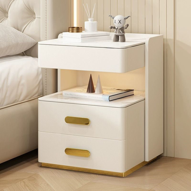 Contemporary Luxury Rectangular Rock Slab Solid Wood Leather Nightstand 2-Drawer For Bedroom