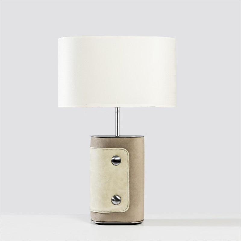 Modern Transitional Fabric Cylinder Shade Leather Column Base 1-Light Table Lamp For Bedroom