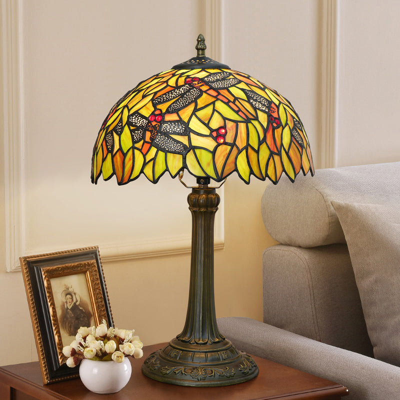 Traditional Tiffany Cylinder Half Round Disc Base Dragonfly Leaf Aluminum Glass 1-Light Table Lamp For Bedroom