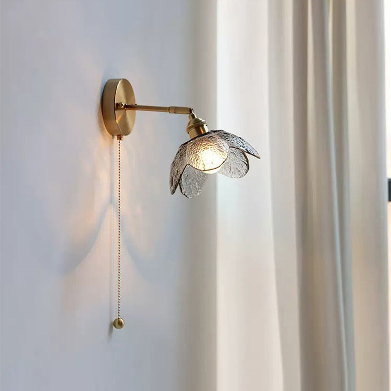 Contemporary Scandinavian Copper Glass Flower 1-Light Wall Sconce Lamp For Bedside