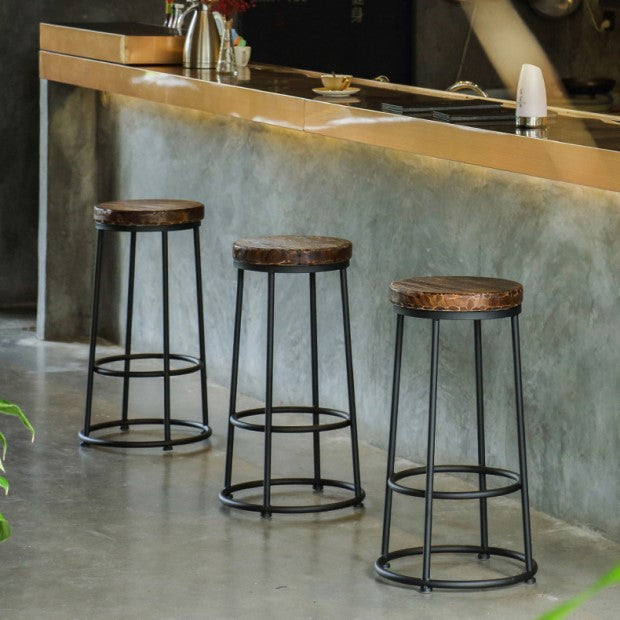 Contemporary Industrial Round Solid Wood Iron Frame Bar Stool Backless Footrest For Dining Room