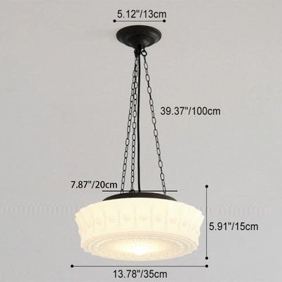 French Vintage White Jade Glass Stripes Round Drum LED Semi-Flush Mount Ceiling Light