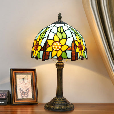 Traditional Tiffany Resin Glass Dome Sunflower 1-Light Table Lamp For Bedside