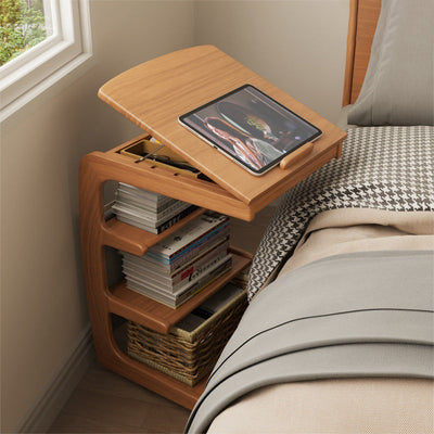 Traditional Japanese Square Wood Flip Cover End Table 4-Tier Storage Shelves For Living Room