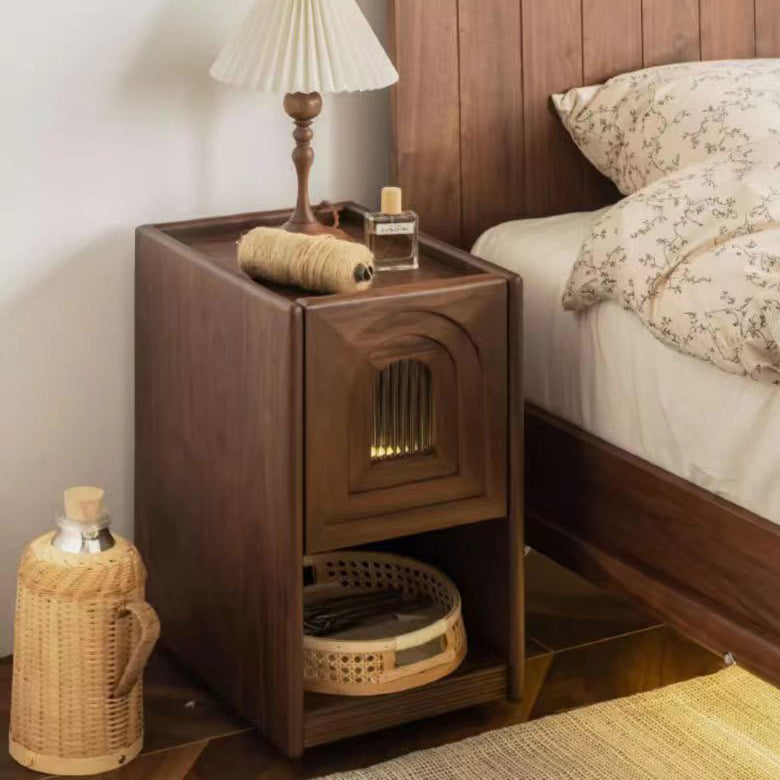 Contemporary Retro Rectangular Arched Door Walnut Glass Nightstand 1-Drawer With Nightlight For Bedside