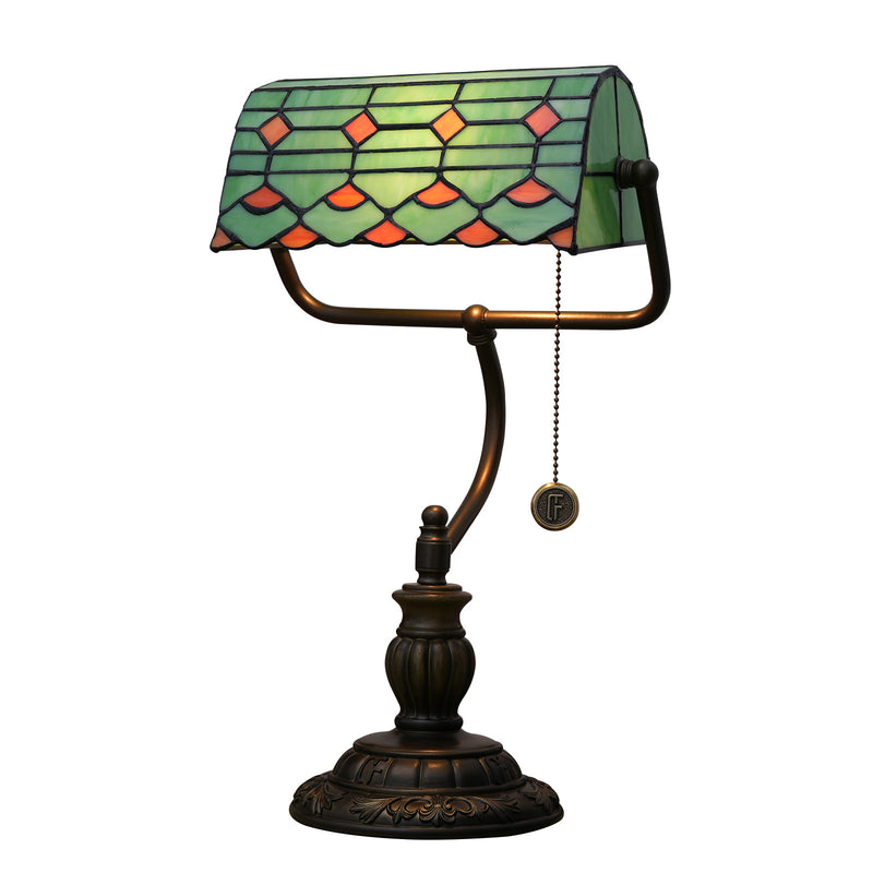 Traditional Tiffany Green Leaf Red Spot Trapezoidal Iron Resin Glass 1-Light Zipper Table Lamp For Bedside