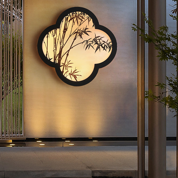 Traditional Chinese Waterproof Clover-like Bamboo Pattern Iron Acrylic LED Outdoor Wall Sconce Lamp For Garden