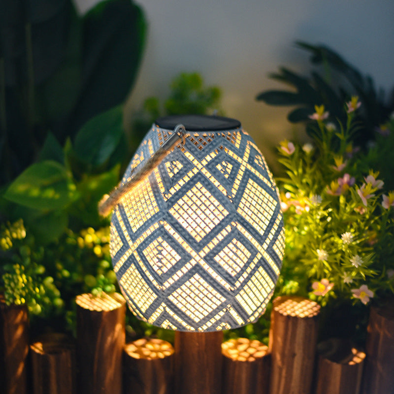 Modern Art Deco Solar Hollow Out Projection Lanterns Hemp Rope Iron LED Outdoor Light For Outdoor Patio