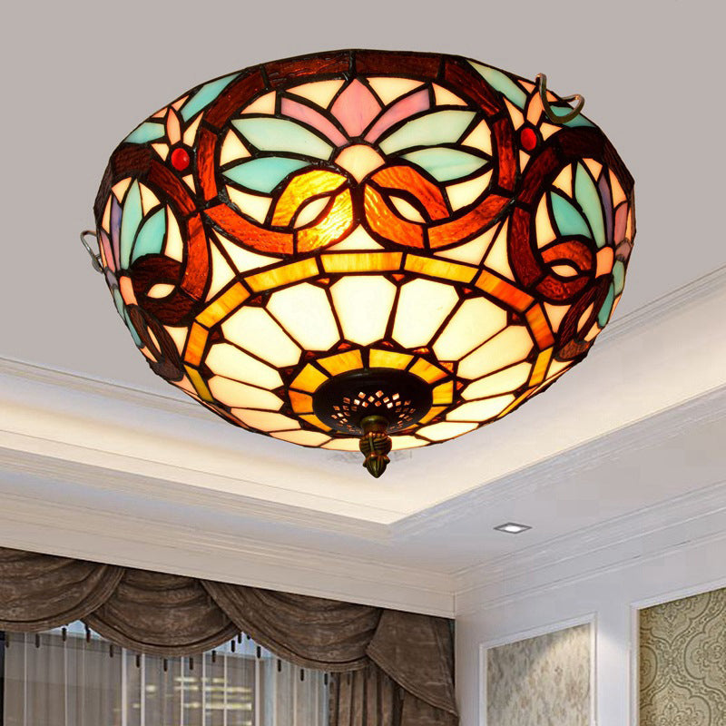 Traditional Tiffany Dome Iron Glass 2-Light Flush Mount Light For Living Room