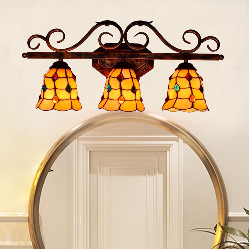 Traditional Tiffany Stained Glass Cup Shade Iron 3-Light Vanity Mirror Front Wall Sconce Lamp For Bedroom