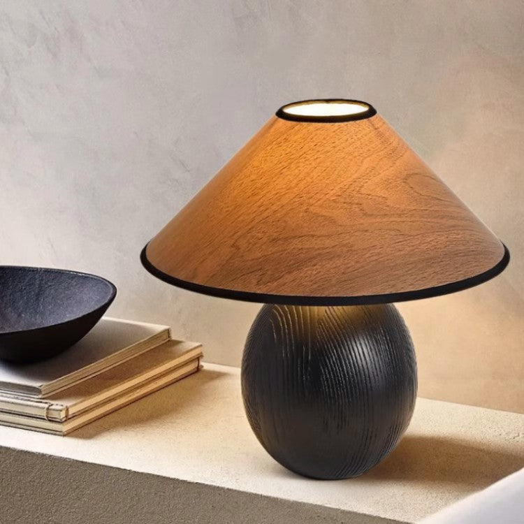 Traditional Japanese Fabric Ash Wood Conic Elliptical 1-Light Table Lamp For Bedside