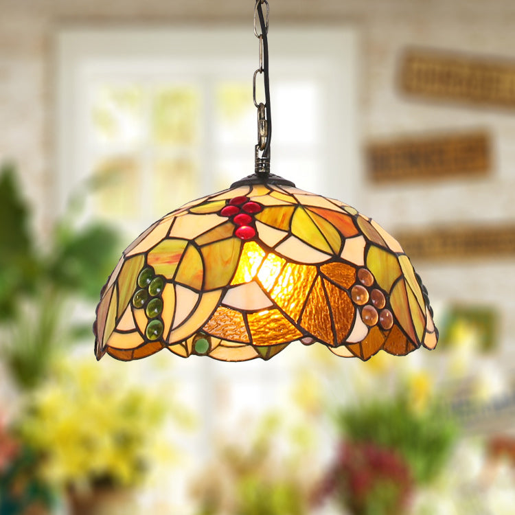 Traditional Tiffany Grape Stained Glass Round 1-Light Pendant Light For Dining Room