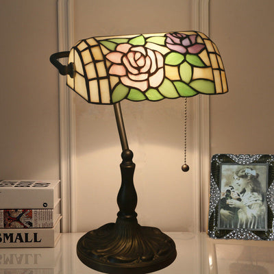 Traditional Tiffany Half Cylinder Rose Zinc Alloy Glass 1-Light Table Lamp For Bedroom