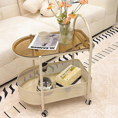 Modern Simplicity Semicircle Glass Top Iron Movable Side Table 2-Tier Cabinet For Living Room