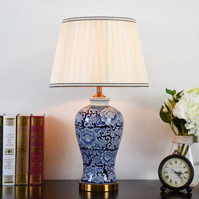 Traditional Chinese Fabric Shade Hand-Painted Celadon Base 1-Light Table Lamp For Living Room