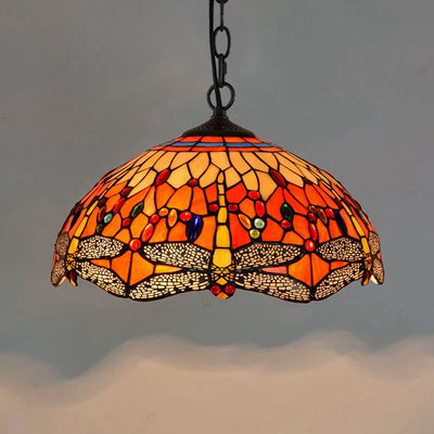 Traditional Tiffany Stained Glass Shade Dragonfly 1-Light Pendant Light For Living Room