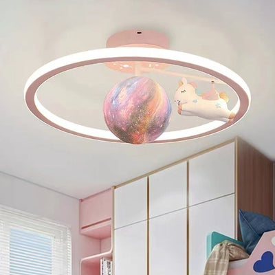 Contemporary Creative Kids Round Planet Unicorn Iron Resin LED Semi-Flush Mount Ceiling Light For Bedroom