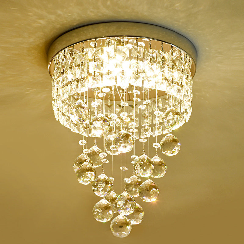 Traditional European Stainless Steel Crystal Round Pendant LED Flush Mount Ceiling Light For Hallway