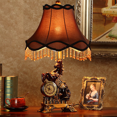 Traditional European Horse Round Trapezoidal Resin Fabric 1-Light Table Lamp For Bedroom