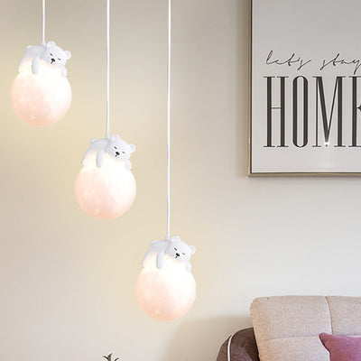 Contemporary Creative PE Spherical Shade Resin Animal Rabbit Bear Design 1-Light Pendant Light For Living Room