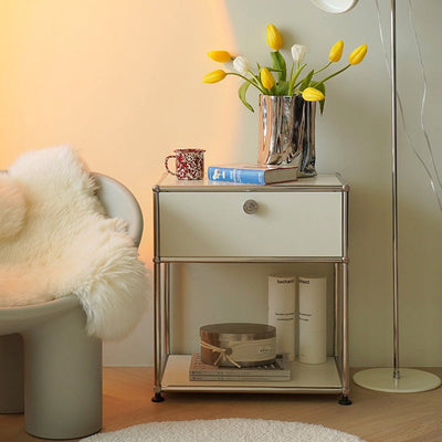 Modern Minimalist Square Frame Stainless Steel Plastic Vacuum Board Nightstand 1-Drawer For Bedroom