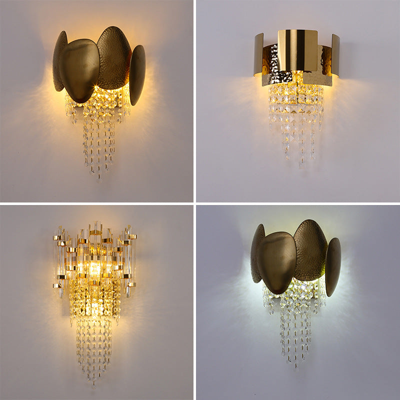 Modern Luxury Gold Stainless Steel Crystal Tassel 2-Light Wall Sconce Lamp For Living Room