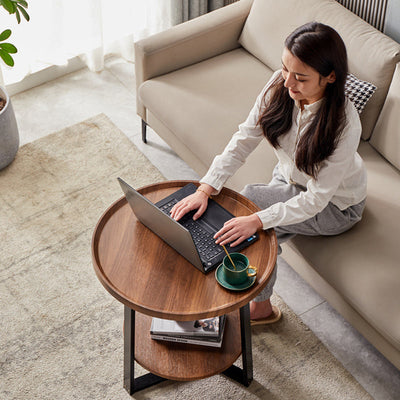 Contemporary Scandinavian Round Wood Iron End Table 2-Tier For Living Room