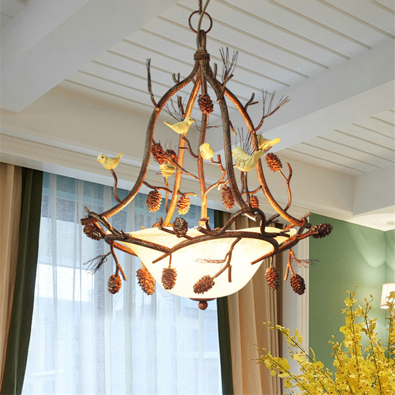 Traditional Rustic Branch Bird Round Glass Iron 3-Light Chandelier For Bedroom