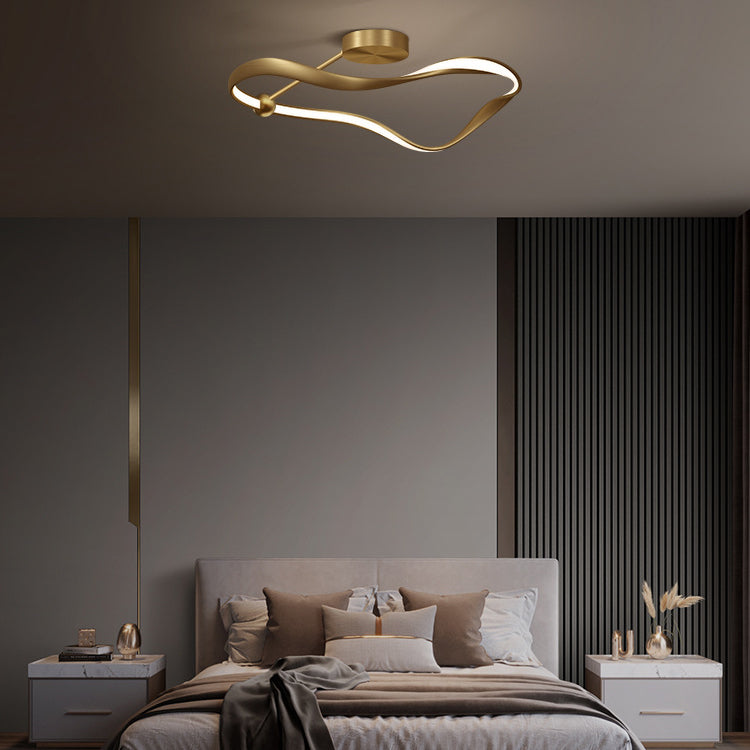 Modern Minimalist Full Copper Curved Line Round Shade LED Semi-Flush Mount Ceiling Light For Living Room